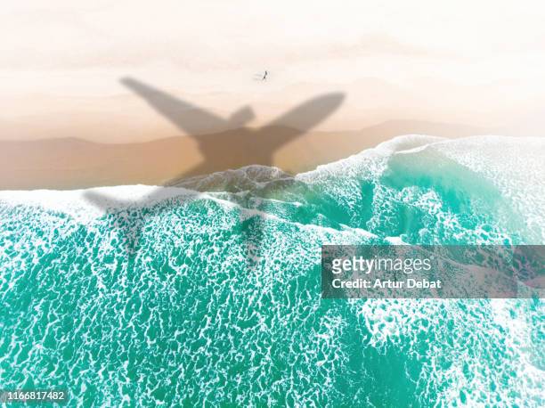 airplane shadow flying above paradise beach taking from window. - aerospace abstract stock pictures, royalty-free photos & images