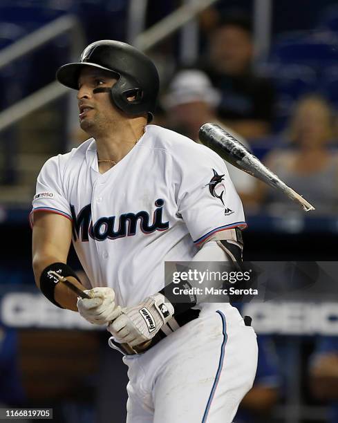 Martin Prado of the Miami Marlins breaks his bat during the second inning against the Kansas City Royals at Marlins Park on September 8, 2019 in...