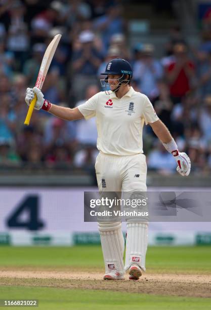 Joe Root of England celebrates reaching fifty during day two of the first Ashes test match at Edgbaston on August 2, 2019 in Birmingham, England.