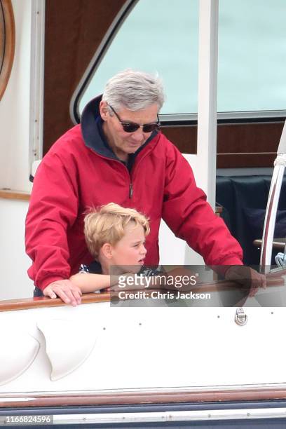 Michael Middleton and Prince George watch the inaugural King’s Cup regatta hosted by the Duke and Duchess of Cambridge on August 08, 2019 in Cowes,...
