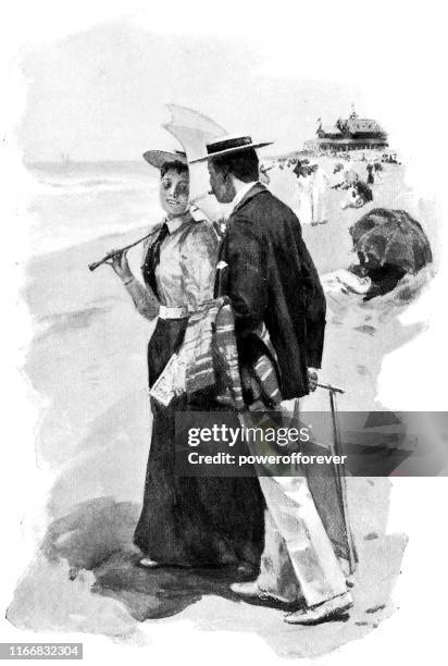 couple on the beach at asbury park, new jersey, united states - 19th century - asbury park stock illustrations