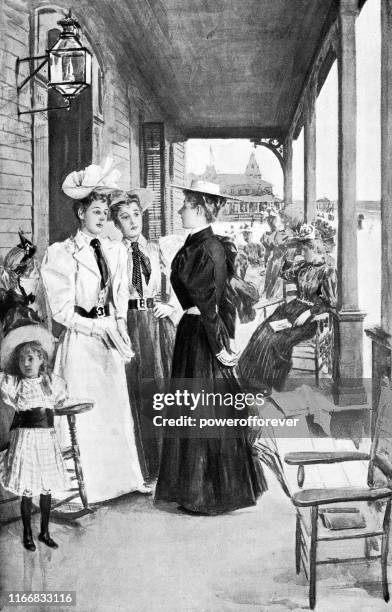 group of women at a hotel in asbury park, new jersey, united states - 19th century - asbury park stock illustrations