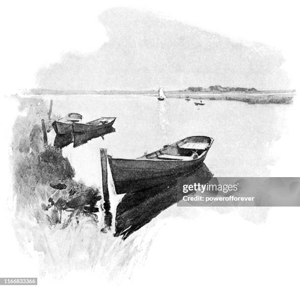watercolour of boats moored at asbury park, new jersey, united states - 19th century - asbury park stock illustrations