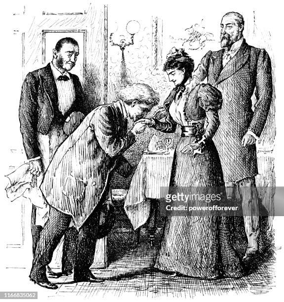 guest being welcomed to a couples home in new york city, new york, united states - 19th century - woman entering home stock illustrations