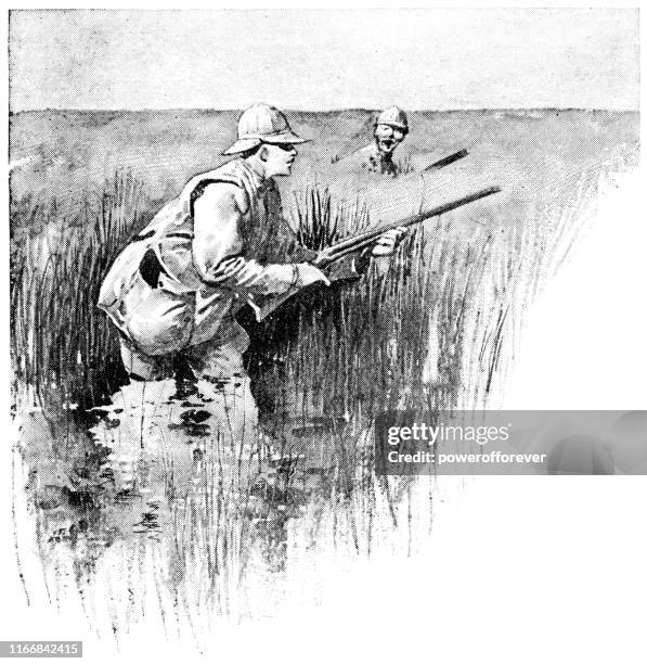 men duck hunting in north dakota, united states - 19th century - bird hunting stock illustrations