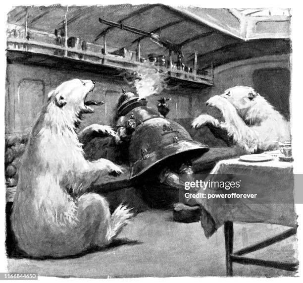 robot smoking a cigar with two polar bears - 19th century - steampunk decor stock illustrations