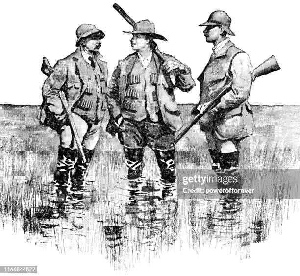 men duck hunting in north dakota, united states - 19th century - bird hunting stock illustrations