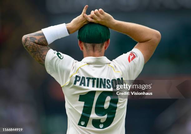 James Pattinson of Australia with the new numbers on the shirt backs during day three of the First Ashes test match at Edgbaston on August 3, 2019 in...