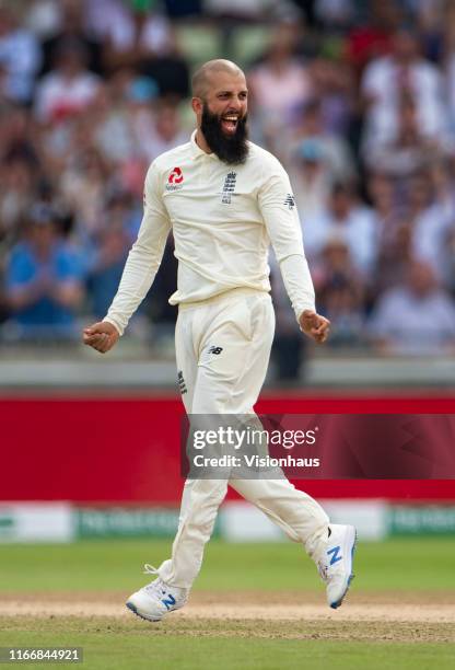 Moeen Ali of England celebrates taking the wicket of Cameron Bancroft of Australia during day three of the First Ashes test match at Edgbaston on...