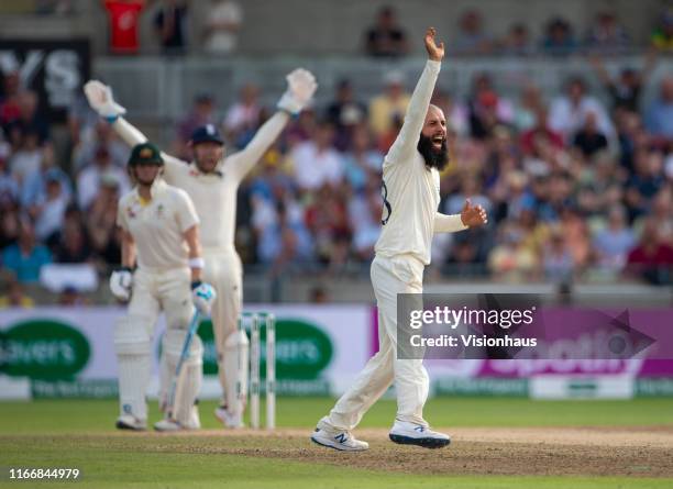 Moeen Ali of England appeals unsuccessfully for the wicket of Steve Smith of Australia during day three of the First Ashes test match at Edgbaston on...