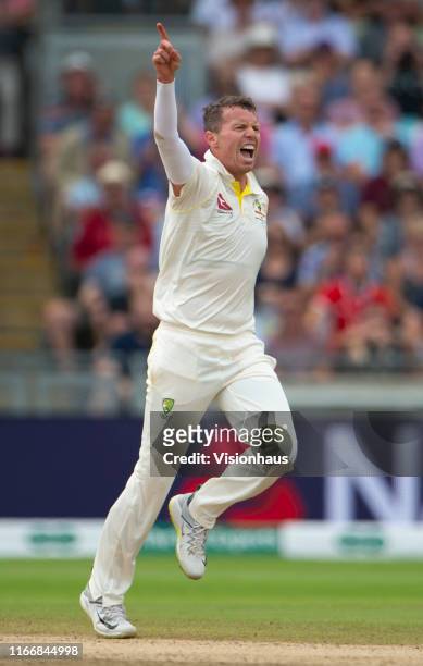 Peter Siddle of Australia celebrates taking the wicket of Jonny Bairstow of England during day three of the First Ashes test match at Edgbaston on...