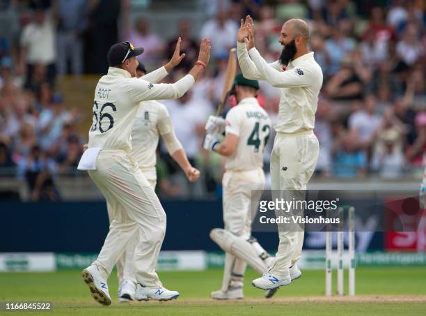 Moeen Ali of England celebrates taking the wicket of Cameron Bancroft of Australia during day three of the First Ashes test match at Edgbaston on...