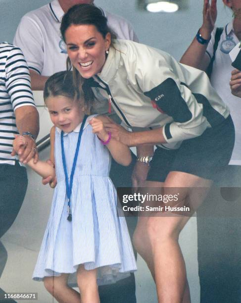 Princess Charlotte and Catherine, Duchess of Cambridge attend the presentation following the King's Cup Regatta on August 08, 2019 in Cowes, England.