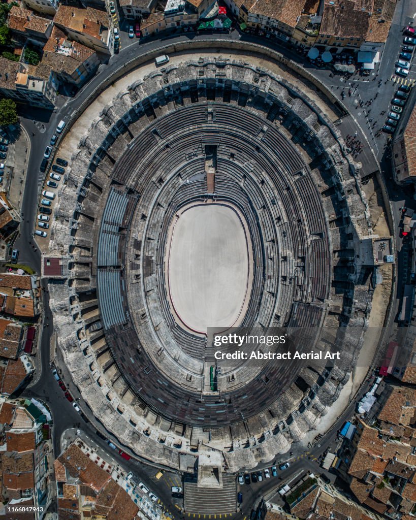 Aerial shot of an amphitheater, Arles, France