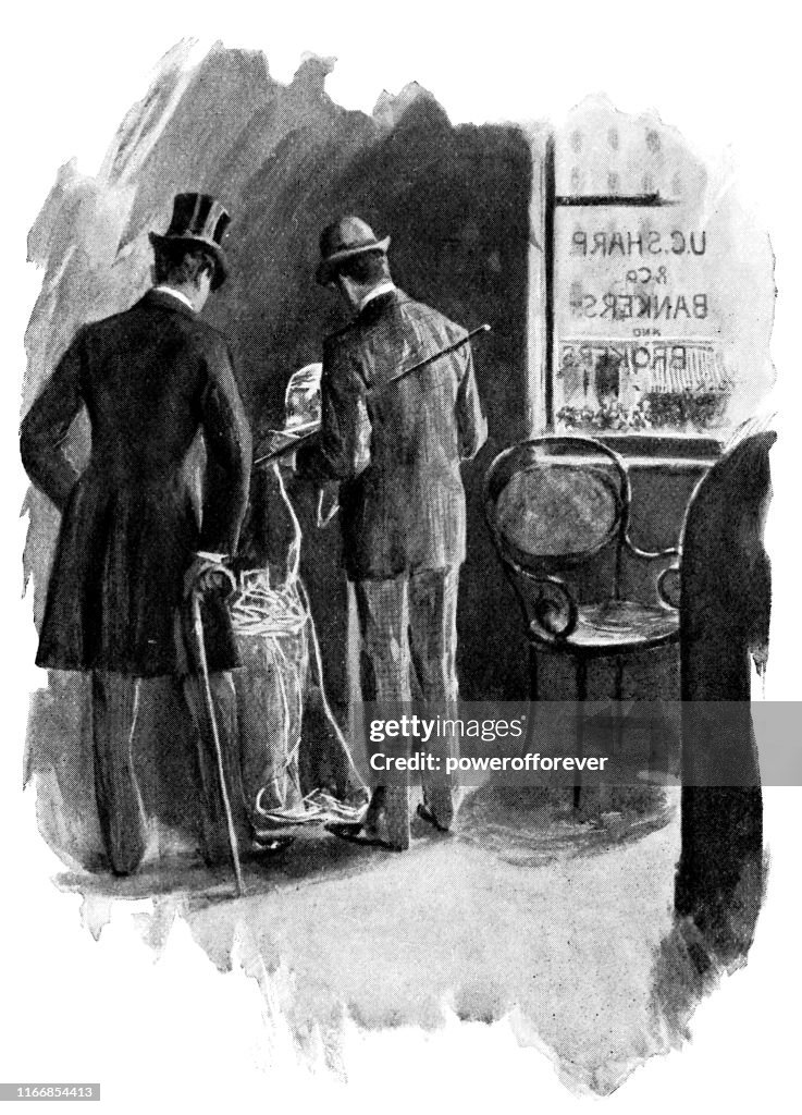 Män tittar på ticker Tape på en bank i New York City, New York, USA-19th Century