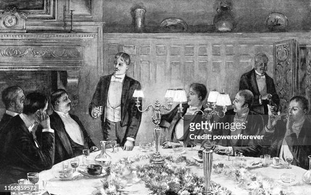 group of men at a dinner party in new york city, new york, united states - 19th century - formal dining stock illustrations