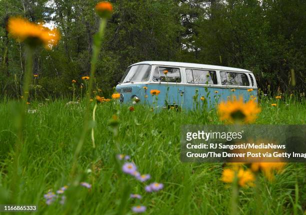 Wildflowers grow in a field around a VW bus on August 1, 2019 in Marble, Colorado.