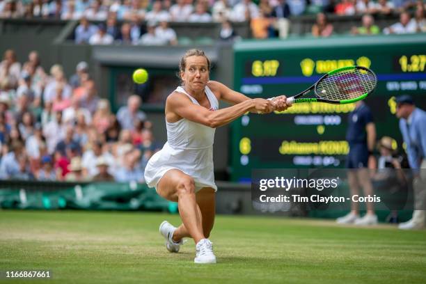 July 09: Barbora Strycova of the Czech Republic in action against Johanna Konta of Great Britain in the Ladies Singes Quarter Finals match on Centre...