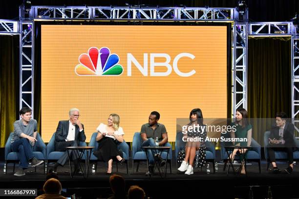 Executive producer Michael Schur, Ted Danson, Kristen Bell, William Jackson Harper, Jameela Jamil, D'Arcy Carden, and Manny Jacinto of 'The Good...