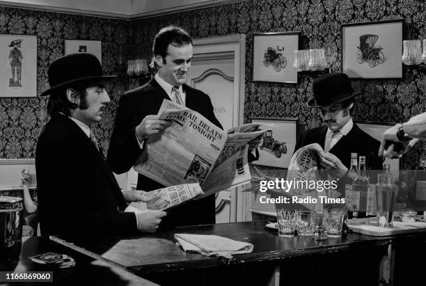 Comedians Terry Jones, John Cleese and Michael Palin in a sketch from the BBC television series 'Monty Python's Flying Circus', February 25th 1972.