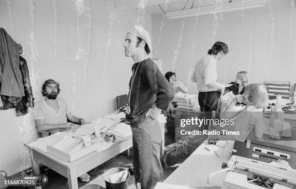 Writers Ian MacNaughton, Neil Innes, Terry Jones, Michael Palin, unknown and Graham Chapman in a script conference for BBC television show 'Monty...