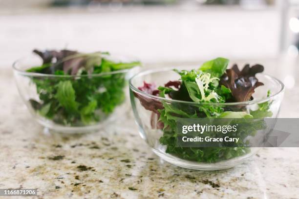 two glass bowls filled with salad greens on kitchen counter - salad bowl stockfoto's en -beelden