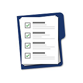 Blue folder with checklist isolated vector on white background. Blue vector folder with document. Vector assessment template.