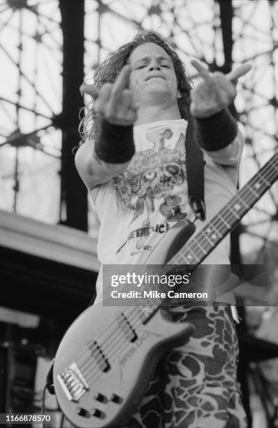 Bassist Jason Newsted of American heavy metal band Metallica in concert at the Monsters of Rock Festival at Castle Donington, England, 22nd August...