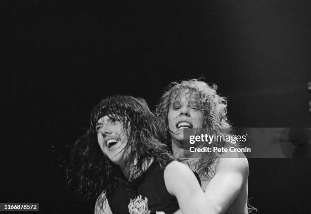 Singer and guitarist James Hetfield and drummer Lars Ulrich of American heavy metal band Metallica at the Aardshock Festival in the Netherlands,...