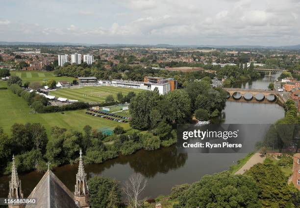 General view of play shot from Worcester Cathedral during day two of the Tour Match between Worcester CCC and Australia at New Road on August 08,...