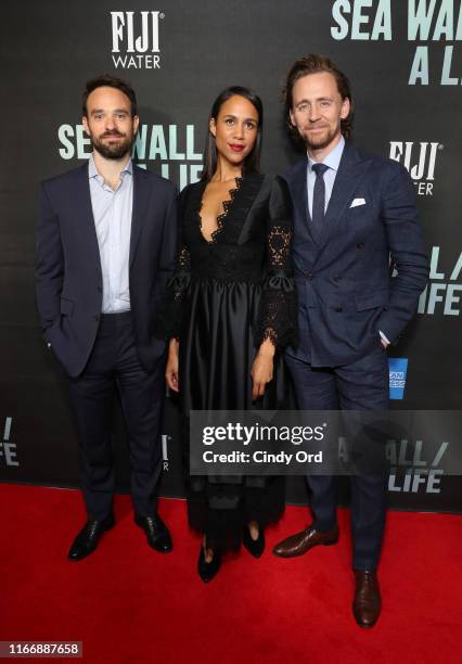 Charlie Cox, Zawe Ashton and Tom Hiddleston attend FIJI Water At Sea Wall / A Life Opening Night On Broadway on August 08, 2019 in New York City.