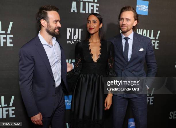 Charlie Cox, Zawe Ashton and Tom Hiddleston attend FIJI Water At Sea Wall / A Life Opening Night On Broadway on August 08, 2019 in New York City.