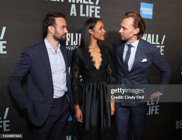 Charlie Cox, Zawe Ashton and Tom Hiddleston attend FIJI Water At Sea Wall / A Life Opening Night On Broadway on August 08, 2019 in New York City.