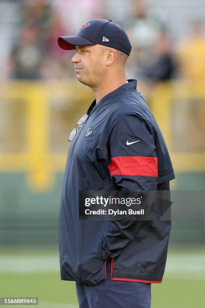 Head coach Bill O'Brien of the Houston Texans looks on before a preseason game against the Green Bay Packers at Lambeau Field on August 08, 2019 in...