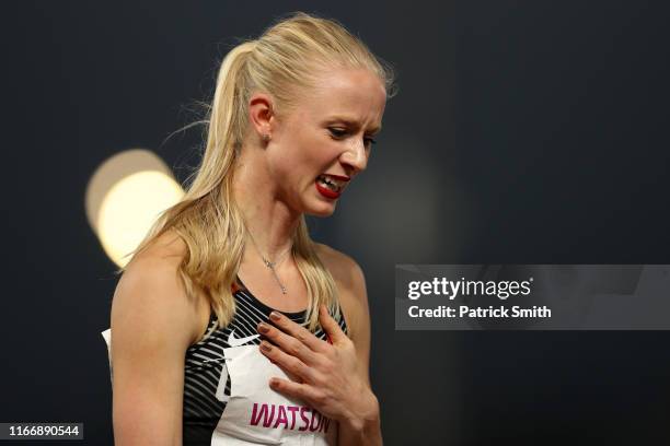 Sage Watson of Canada reacts after competing in Women's 400m Hurdles Final on Day 13 of Lima 2019 Pan American Games at Athletics Stadium of Villa...