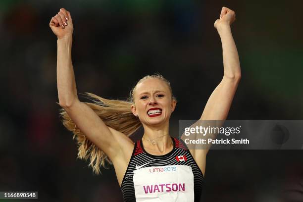 Sage Watson of Canada reacts after competing in Women's 400m Hurdles Final on Day 13 of Lima 2019 Pan American Games at Athletics Stadium of Villa...