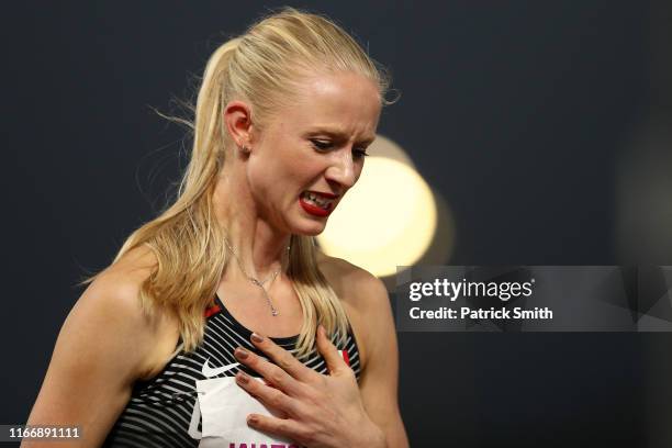 Sage Watson of Canada reacts after competing in Women's 400m Hurdles Final on Day 13 of Lima 2019 Pan American Games at Athletics Stadium of Villa...