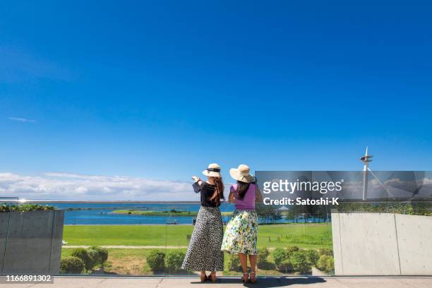 夏の景色を見る若い女性の友人 - 日本人　女性　友達 ストックフォトと画像