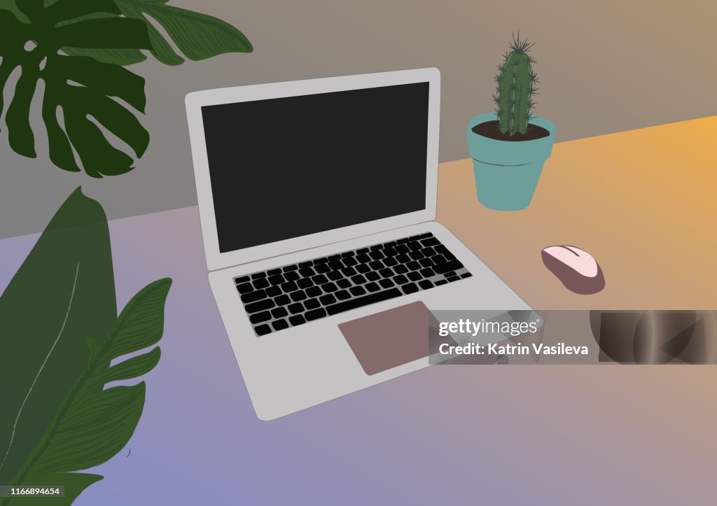 Workspace Computer Surrounded By Nature High-Res Vector Graphic - Getty ...