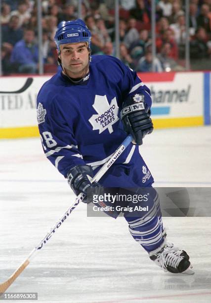 Tie Domi of the Toronto Maple Leafs skates against the Chicago Blackhawks during NHL game action on April 17, 1995 at Chicago Stadium in Chicago,...