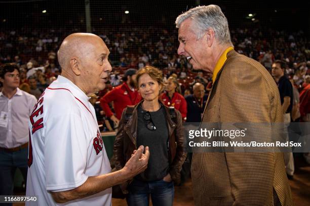 Founder Bill Rasmussen talks with Boston Red Sox President of Baseball Operations Dave Dombrowski before throwing out a ceremonial first pitch before...