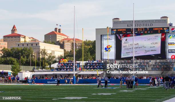 Kivisto Field board with the campus in the background during the game between the Coastal Carolina Chanticleers and the Kansas Jayhawks on Saturday...