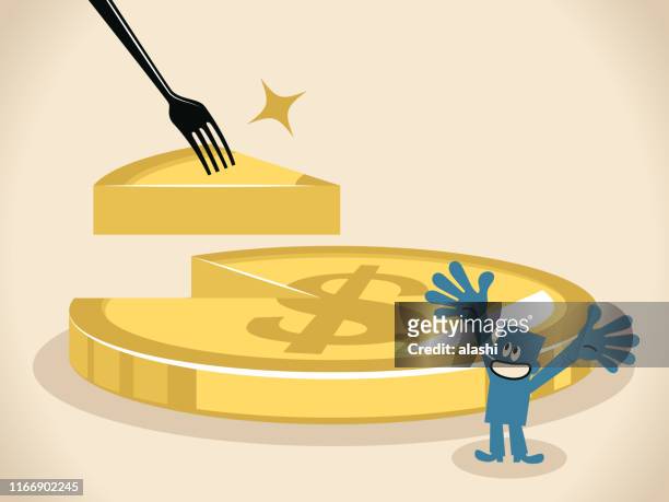 geschäftsmann bekommt ein stück geld auf einer gabel und dollar zeichen münze kuchen (kuchen) mit scheibe fehlt - dessertpasteten stock-grafiken, -clipart, -cartoons und -symbole