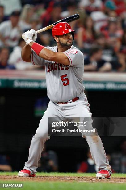 Albert Pujols of the Los Angeles Angels of Anaheim bats against the Cleveland Indians in the ninth inning at Progressive Field on August 3, 2019 in...