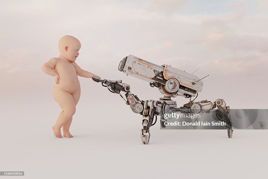 Baby shaking hands with four legged robot