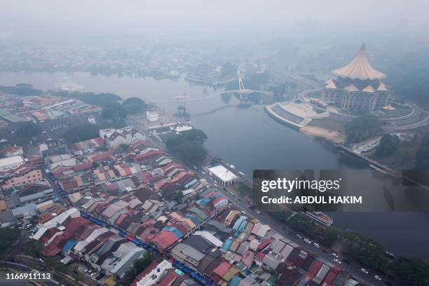 Haze shrouds the ariel view around Sarawak Legislative Assembly building in Kuching, the capital city of Sarawak state on the island of Borneo on...