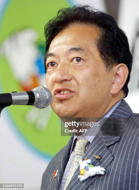 Yasuo Tanaka, governor of the Japanese prefecture of Nagano, speaks at his campaign office in Nagano, central Japan, 06 August 2006 after he lost the...