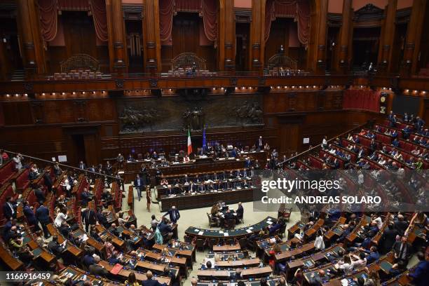 General view shows Italy's Prime Minister Giuseppe Conte prior to deliver a speech at the Italian Chamber of Deputies on September 9, 2019 during the...