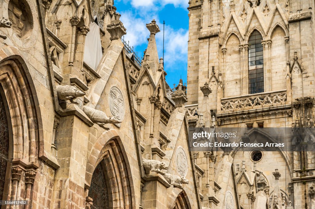 Details of the façade and gargoyles outside the Basilica of the National Vow church