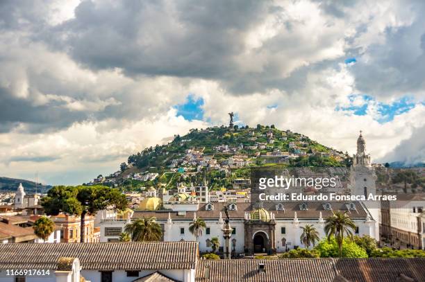 historical colonial district of quito and the "virgin of el panecillo" - quito stock pictures, royalty-free photos & images